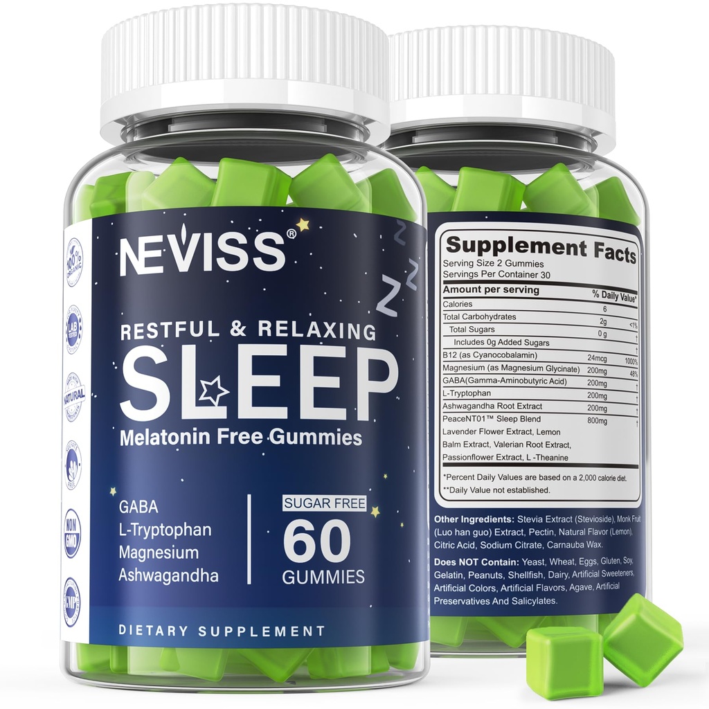 NEVISS Melatonin Gommie per adulti - Magnesio Glycinate Gummies | GABA, L-Tryptophan, Magnesio, Ashwagandha - Non-Habit Forming, Aiuto per il relax profondo - Vegan, Limone Flavor, 1Pack