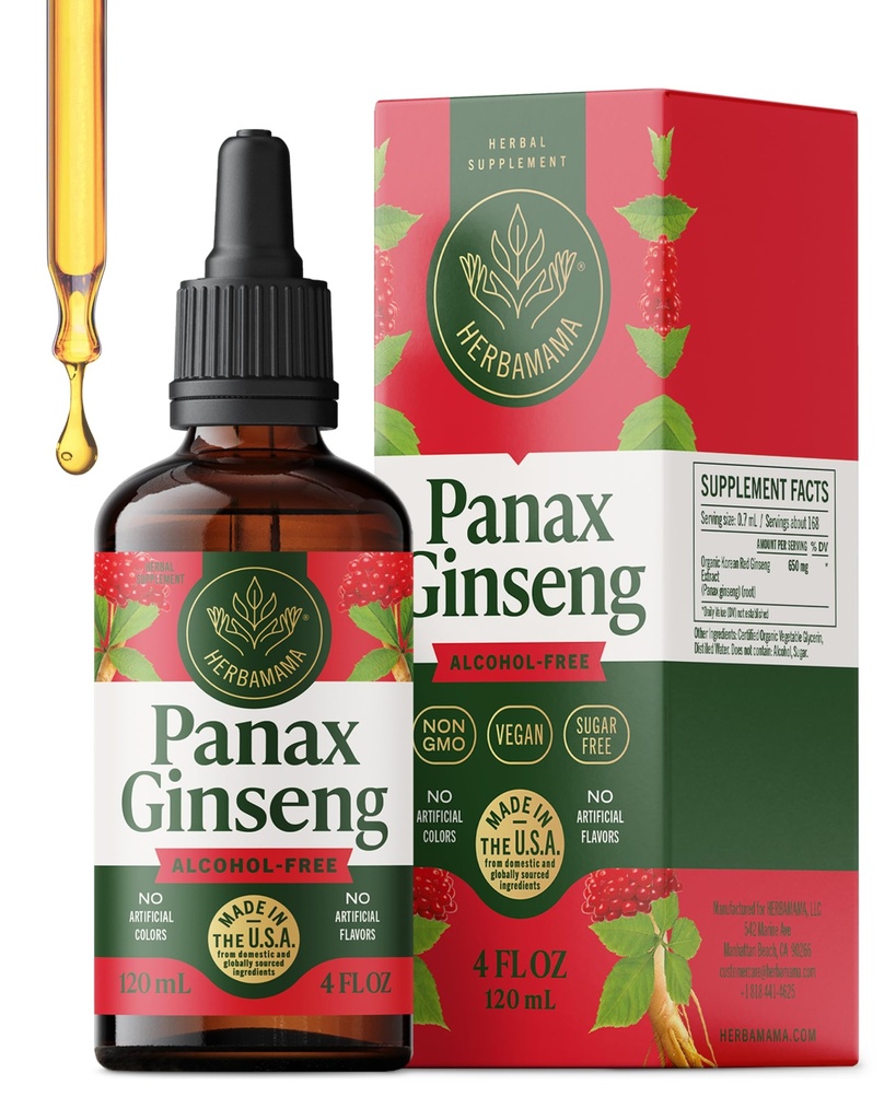HERBAMAMA Panax Ginseng Root Tincture - Immune & Overall Support with Korean Red Ginseng Supplement - Vegan, Non-GMO, Alcohol & Sugar-Free Herbal Drops, 56-Day Supply