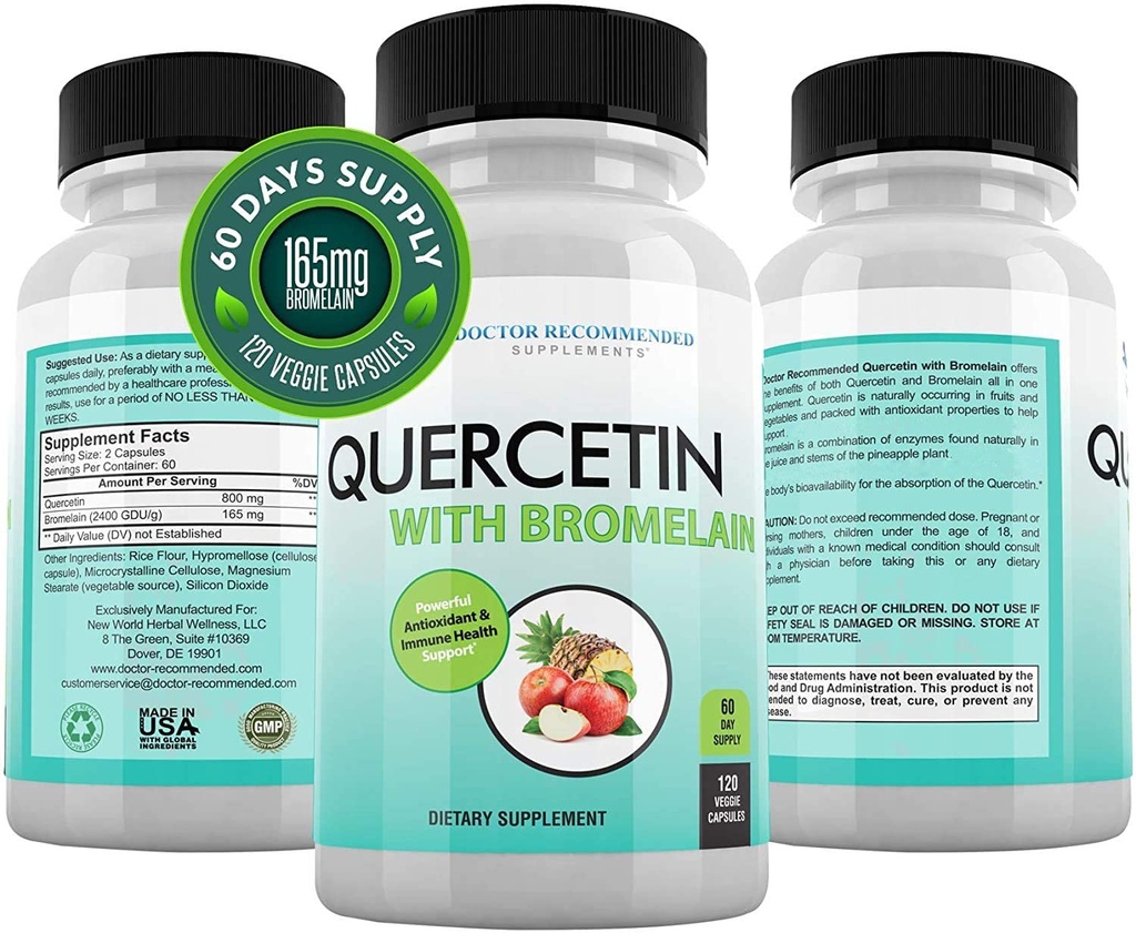 DOCTEUR COMPLÉMENTS RECOMMANDÉS Quercetin 800mg w/Bromelain 165mg Par portion- 120 Capsules de légumes-Approvisionnement complet de 60 jours, supplément de vitamine pour soutenir et bioflavonoïdes, sans gluten, non-OGM