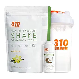 Vegan Organic Protéines Poudre et substitut de repas Shake with Shaker Cup and 2 Oz MCT Oil - Par 310 Nutrition - Sans gluten, sans lait et sans soja - 0g de sucre