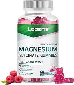 Magnesio Glycinate Gummies 1000mg - Zucchero Gratuito Magnesio Potassio Supplemento con Vitamina D, B6, CoQ10 per Calma Mood & Sleep Support - 60Raspberry Gummies