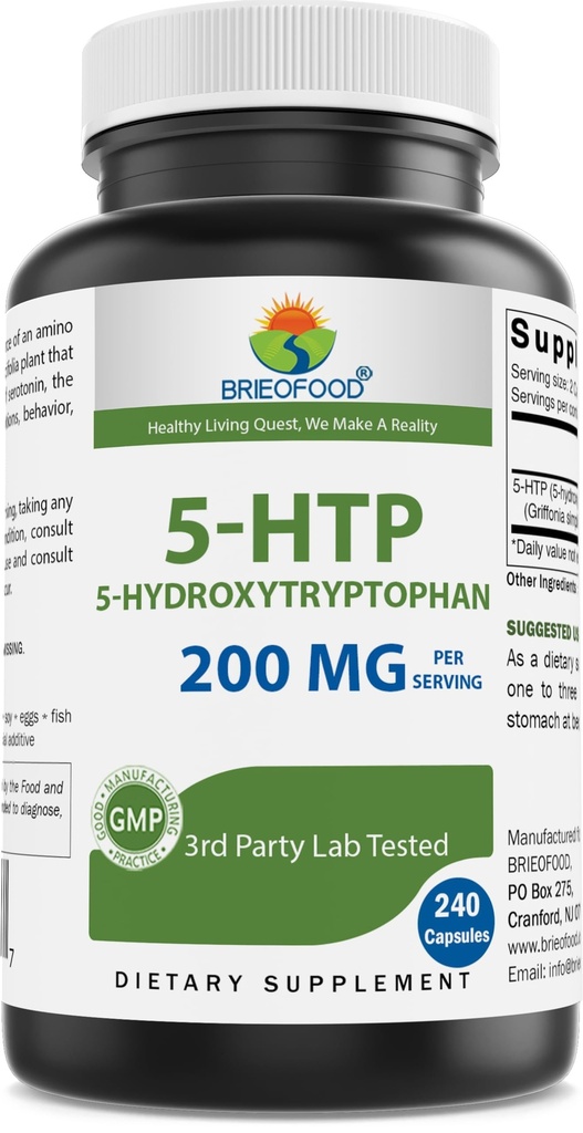 Brieofood 5-HTP 200mg per Serving - 240 Capsules - 5-Hydroxytryptophan for Healthy Relaxation - 3rd Party Lab Tested