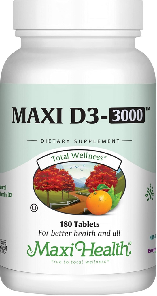 Maxi Health Vitamin D3 3000 IU 75 mcg Vitamin D Nahrungsergänzungsmittel für gesunde Knochen, Zähne, Immununterstützung - VIT D3 Nahrungsergänzungsmittel leicht zu schlucken Non-GMO, Nahrungsergänzungsmittel für Männer und Frauen – Kosher (180 Tabletten)
