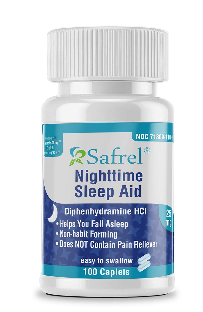 Safrel Nighttime Sleep Aid, Diphenhydramine HCl 25mg | Strong Non Habit-Forming Restful Sleeping Support for Men & Women | Fall Asleep Faster & Wake up Refreshed (100 Count (Pack of 1), 100, Count)