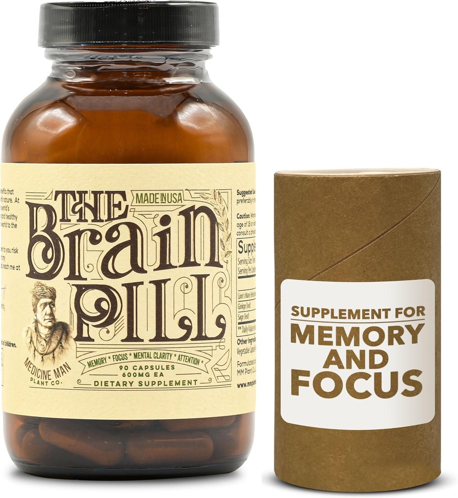 The Brain Pill 90 Capsules – Organic Brain Booster Supplement - Pills Mémoire pour Cerveau avec Ginkgo Biloba Capsules, Lion, Mane & Sage - Brain Booster Supplément pour Focus, Memory, Clarity, Energy