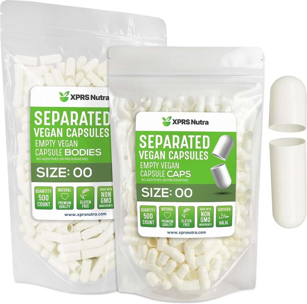 XPRS Nutra Vegan Dimensioni 00 Capsule Separate - 500 Contenitore Premium Capsule Vuoti Separati in Borse - 00 Pillole Vuoto per Integratore fai da te Riempimento (bianco)