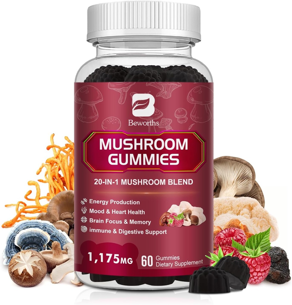 Mushroom Gummies, 20 in 1 Lions Mane Mushroom Complex Supplemento con Reishi, Chaga, Cordyceps & More per Adulto, Supporto per il cervello, Focus, Salute cognitiva & Immune, Vegan, Raspberry Flavor, 60 Conte