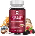 Gommies de champignons, 20 en 1 Lions Mane Complément complexe de champignons avec Reishi, Chaga, Cordyceps et plus pour adultes, soutien pour le cerveau, focus, la santé cognitive et immunitaire, végétalien, framboise, 60 comte