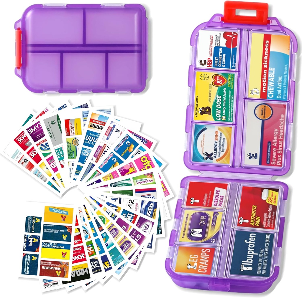 Pill Organizer mit Medizin Etiketten Reisen Tägliche Pille Container Mini Medication Organizer Lagerung Pill Organizer Reisen Essentials Pill Case 7 Day (Purple& 161 Lables)