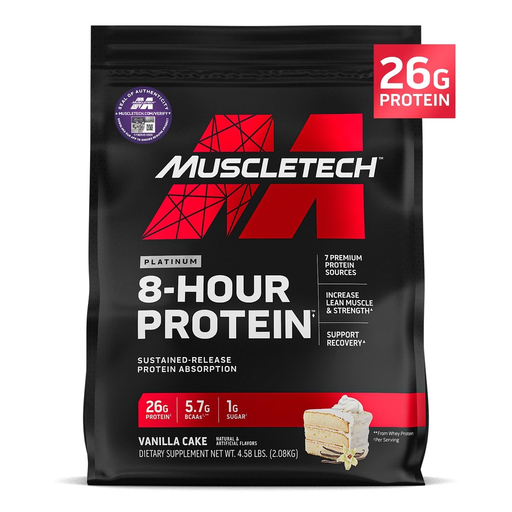 MuscleTech Platinum 8-Hour Protein Powder - 7 Premium Protein Quellen mit Whey & Casein Protein für erhöhte Lean Muskel, Stärke & Verbesserte Erholung - Vanilla Cake, 50 Portionen