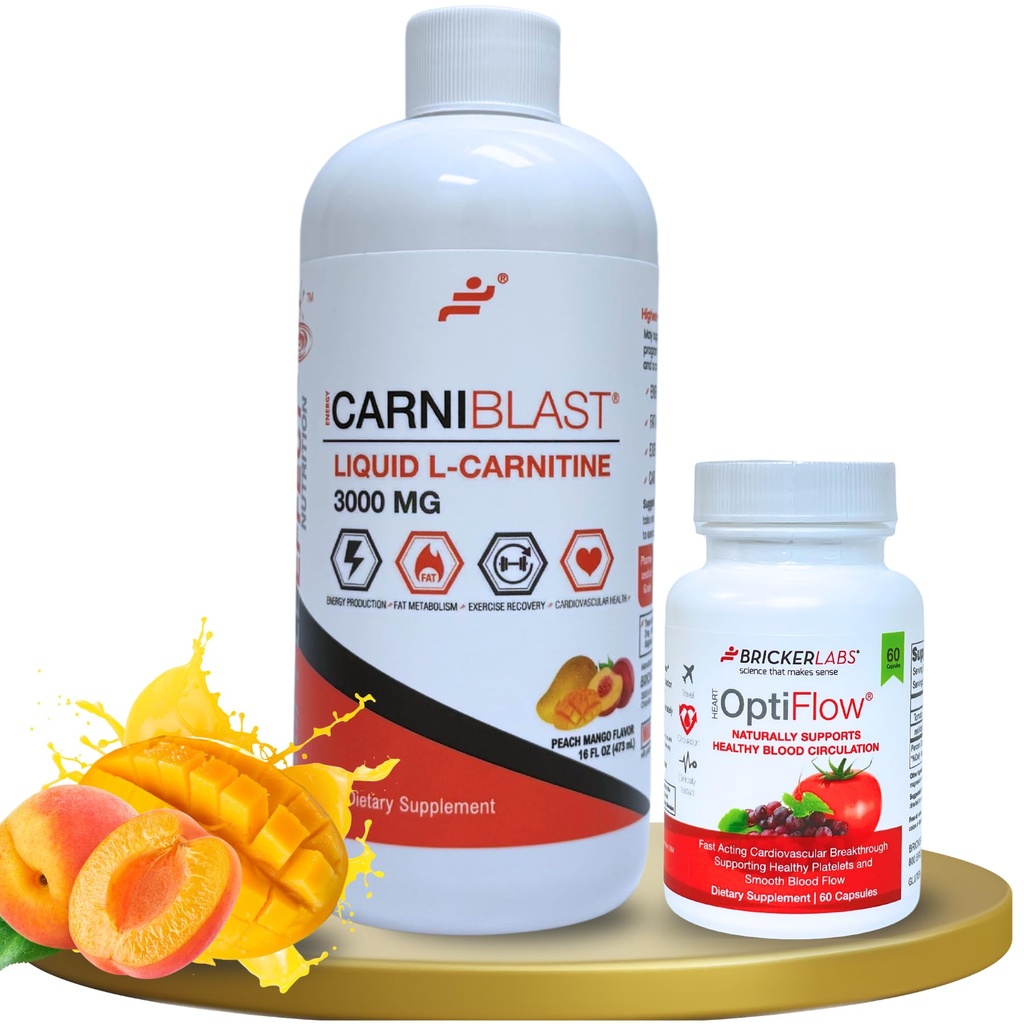 Bricker Labs Puissance et performance Duo: Carniblast Liquide L-Carnitine 3000 mg & Optiflow Blood Flow Supplément, 60 Capsules