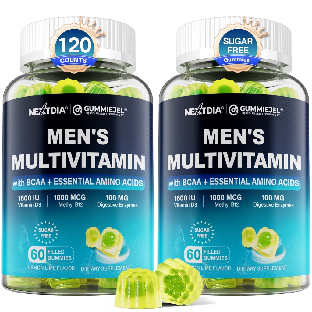 2 Pack Methylated Multivitamin for Men Gummies, BCAA Amino Acids, Zinc, Biotin, Vitamin A C E D3 K2 B Complex Calcium, Magnesium, Lycopene, Digestive Enzymes - Energy Muscle Immune - Sugar Free, Vegan
