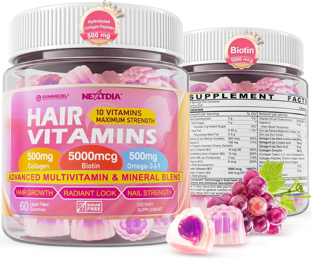 Vitamine di crescita dei capelli Gommie liquide - Biotina 5000mcg, Peptidi di collagene idrolizzati, Omega 3-6-9, Acido ialuronico, Methylfolate, Methylcobalamin -Healthy Hair, Skin & Nails Supplement per le donne