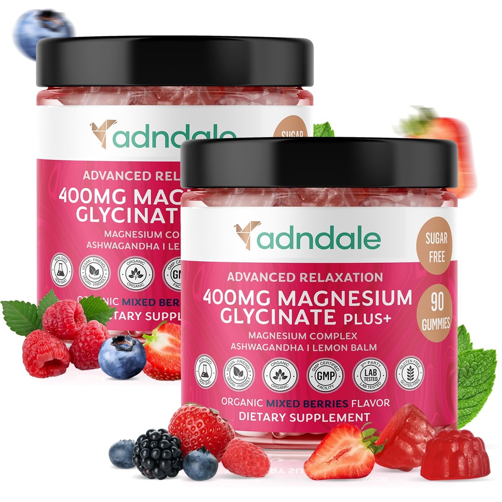 Adndale 180 CT Magnesium Glycinate Gummis 400 mg/Serv, mit Ashwagandha, Magnesium Malate & Taurate, Sugar Free Chews für Erwachsene & Kinder.
