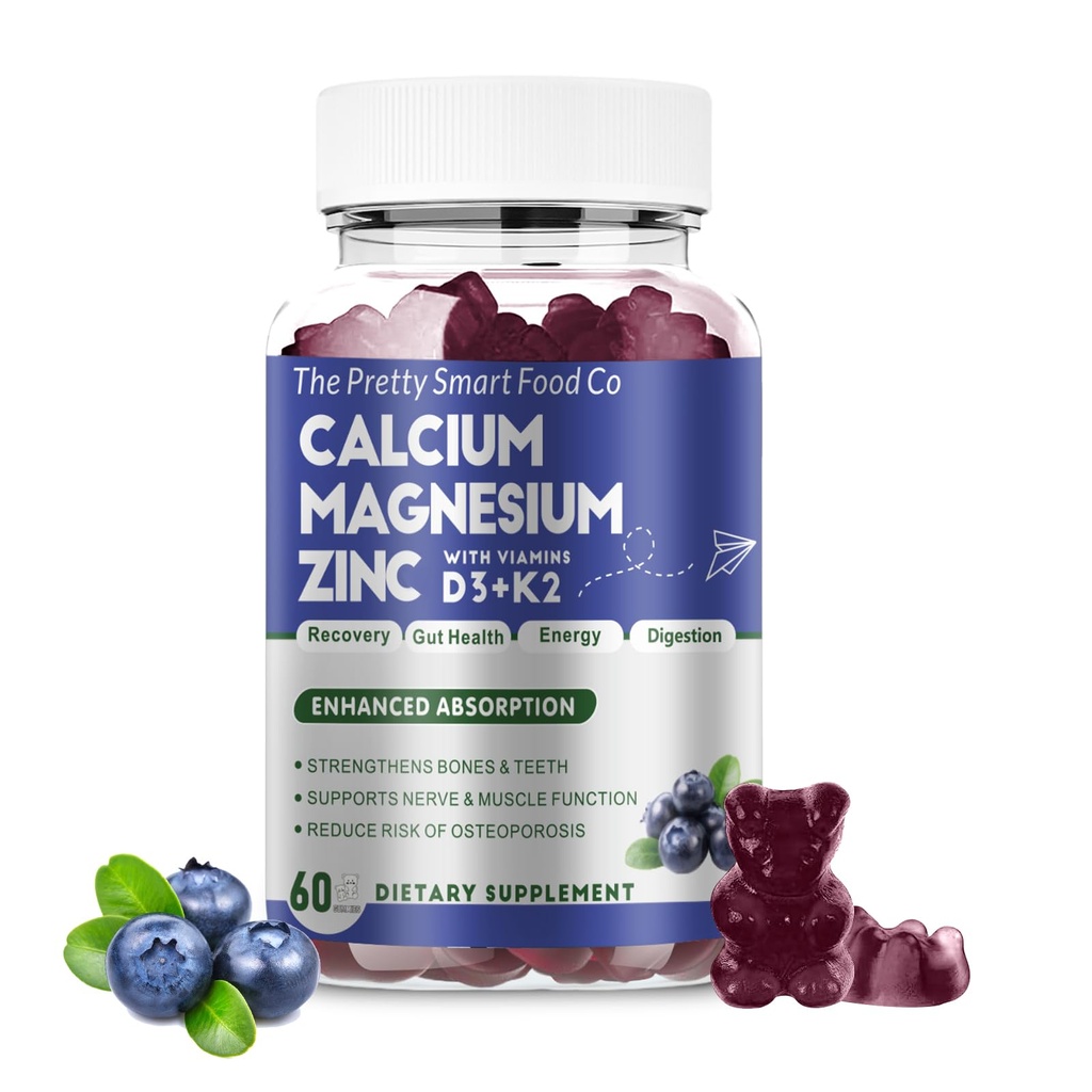 Calcium Magnesium Zinc Gummies with Vitamin D3 & K2 for Bone, Muscle & Immune Support - High Potency Enhanced Absorption - 60 Blueberry Gummies