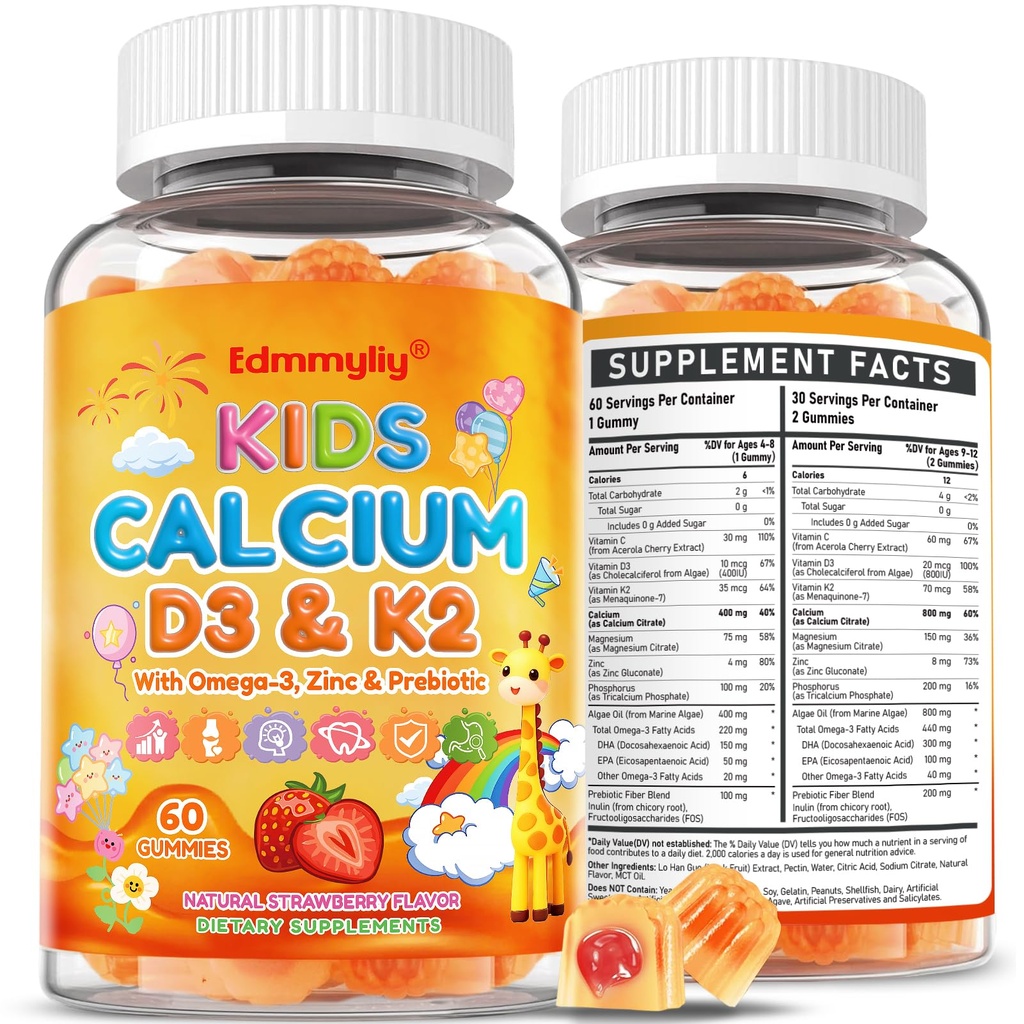 Kids Calcium Gummies with Vitamin D3 K2 - Calcium Citrate with Magnesium, Zinc, Omega-3 and Probiotics for Kids Bone Health, Digestive & Development Support - Sugar Free Gummies, Non-GMO, Vegan