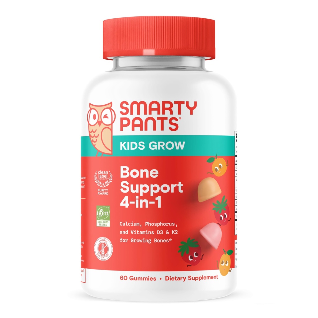 SmartyPants Kids Bone Support 4-in-1 Gummies with Calcium, Vitamin D3, K2 & Phosphorus for Growing Bones, Strawberry Mango, 60 Count (30 Day Supply)