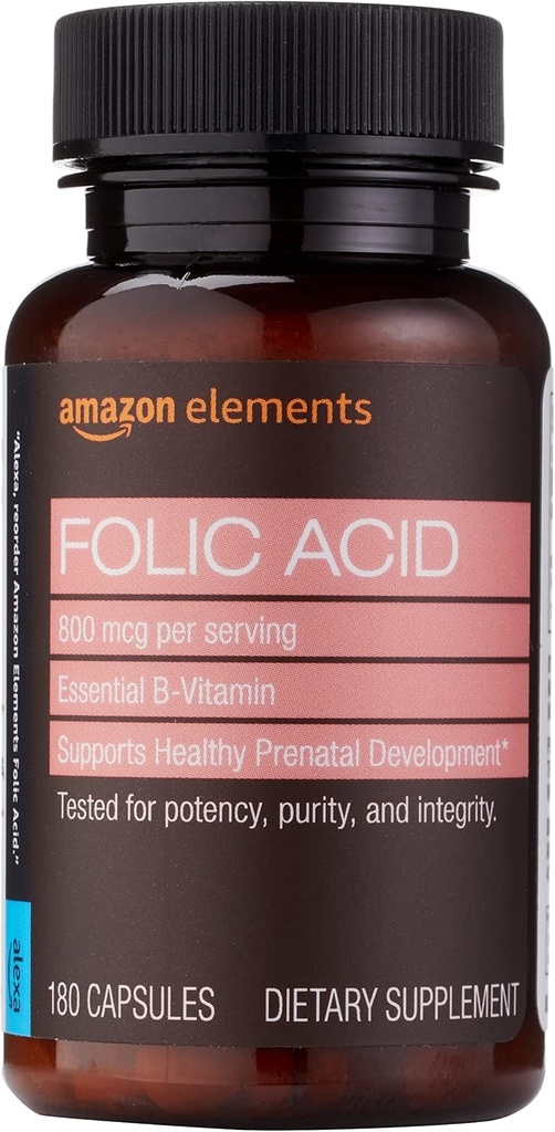 Elementi - Acido Folico, 800 mcg per porzione, Tablet, 180 Conte, Confezione da 1, Integratore alimentare femminile per lo sviluppo prenatale sano, 6 Mesi di fornitura