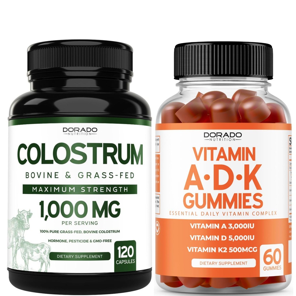 Colostrum (120 Nombre) Bovin Colostrum Capsules Supplément pour adultes et ADK Vitamine D3 (60 Gummies) D & K - 10 Supplément végétalien - Delicious Raspberry Flavor - Non OGM Testé par une tierce partie - USA Made