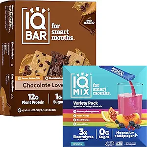 IQBAR Brain und Body Keto Protein Bars - 12 Count Chocolate Lovers Variety Low Carb, Vegan Bars & IQMIX Sugar Free Electrolyte Powder Packets - 8 Count Sampler Pack Keto Elektrolyte mit Lions Mane