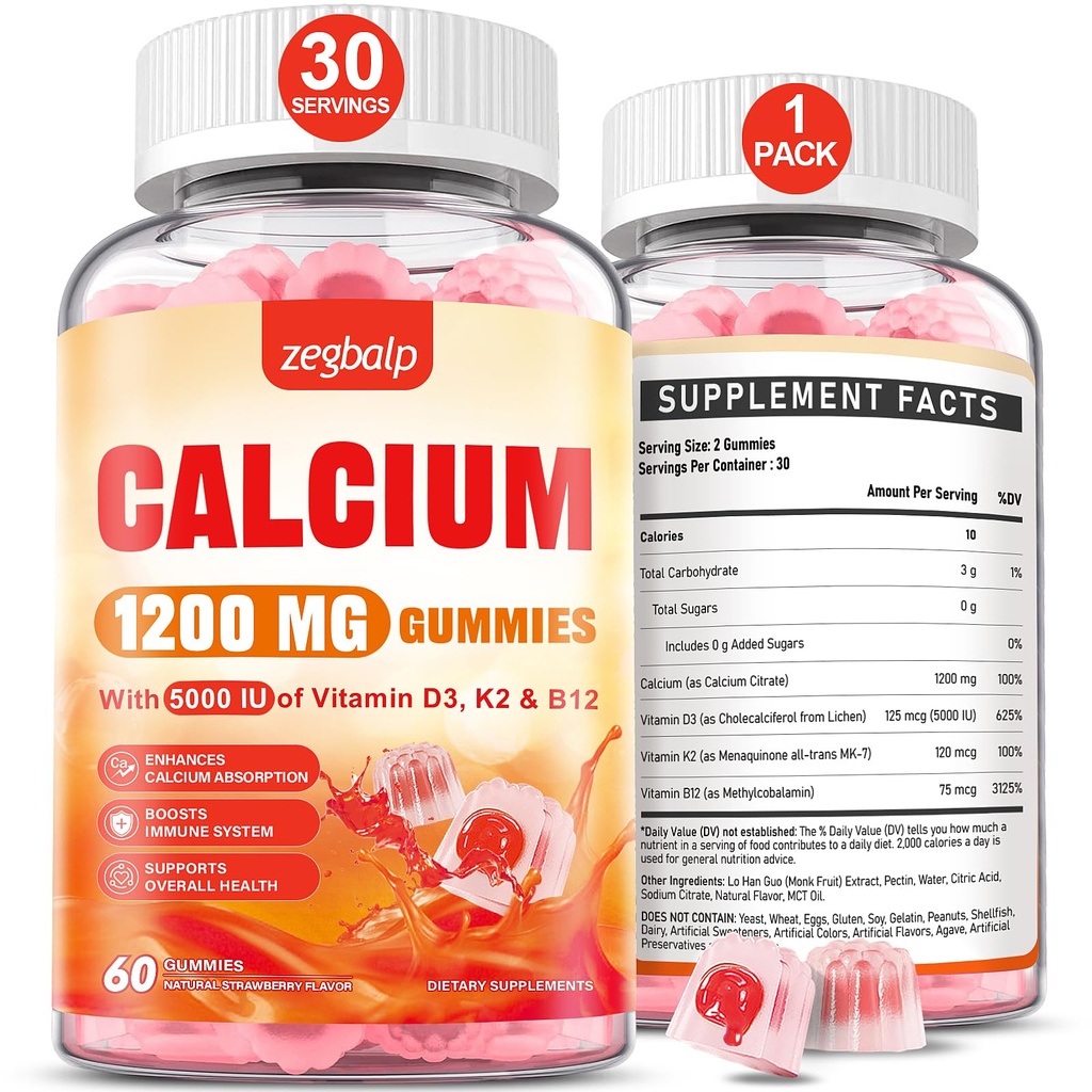 Calcium 1200 mg with Vitamin D3 Supplement for Adults - Calcium Gummies with Vitamin D3 5000IU, K2, B12 for Women Men - Extra Absorption Calcium Citrate - Natural Strawberry Flavor, 60 Gummies