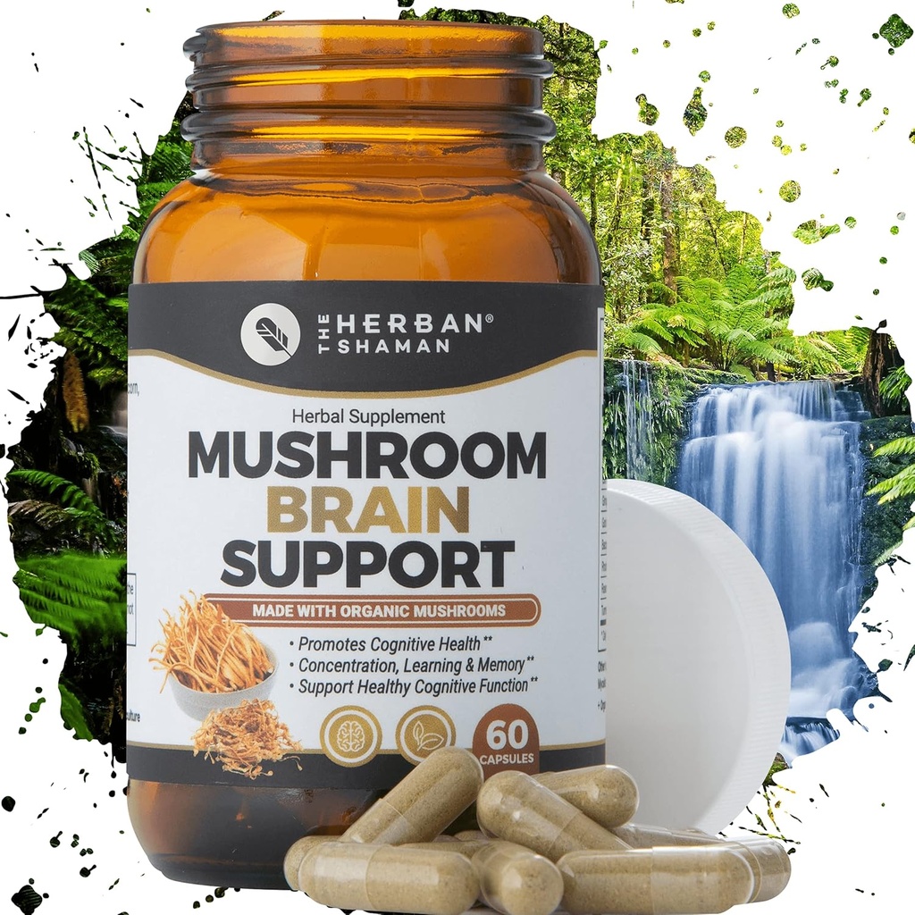 Supplément de Champignons Soutien Cerveau : Lions Organiques Mane, Cordyceps, Ginkgo Leaf, Gotu Kola + Plus d'infos Supplément à base de plantes naturelles (60 Capsules)