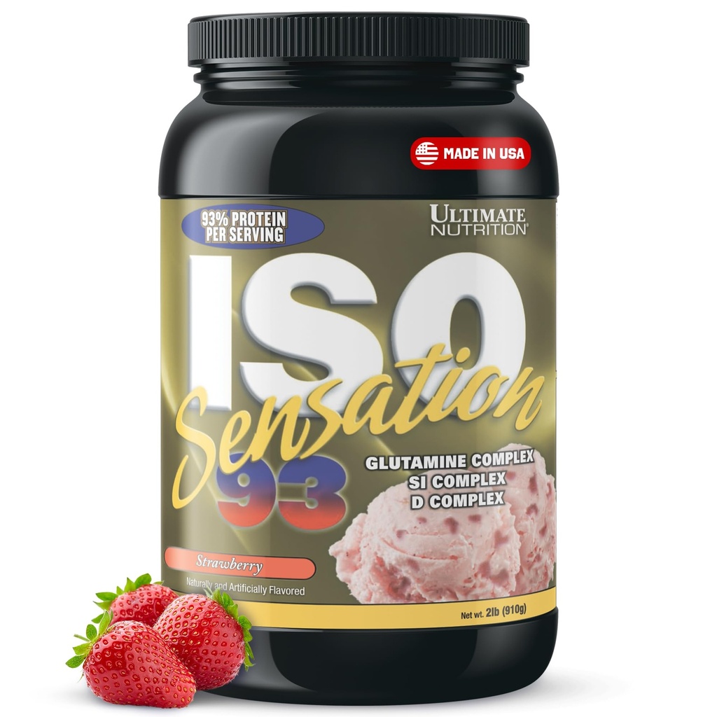 Ultimate Nutrition Whey Protein Isolate Powder with Glutamine Complex, ISO Sensation 93 - Whey Protein Powder with Added Colostrum for Enhanced Recovery, Immunity & Gut Health - Strawberry, 2lbs