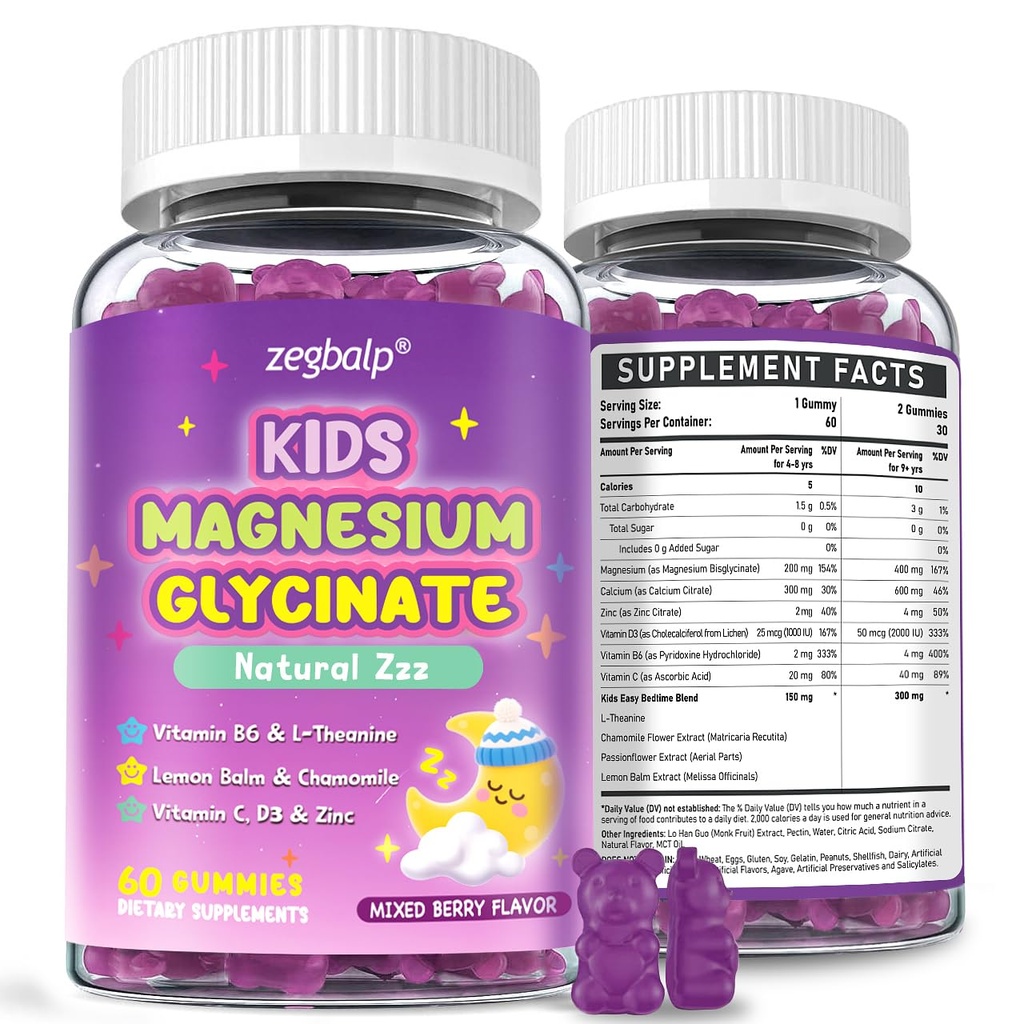 Magnesium Glycinate Gummies For kids - Sugar Free Magnesium Bisglycinate Supplement 200mg with L-theanine, Chamomile, Calcium, B6, D3 & Zinc - for Natural Zzz & Overall Health - Melatonin Free, 1 Pack