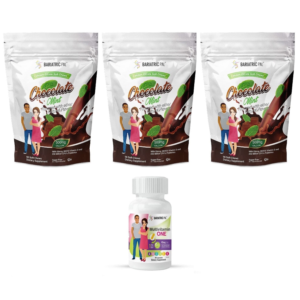 BariatricPal 90-Day Bariatric Vitamin Bundle (Multivitamin ONE 1 al giorno! Capsule con 45 mg Ferro e Calcio Citrato Cuciture Morbide 500mg con Probiotici - Menta di Cioccolato)