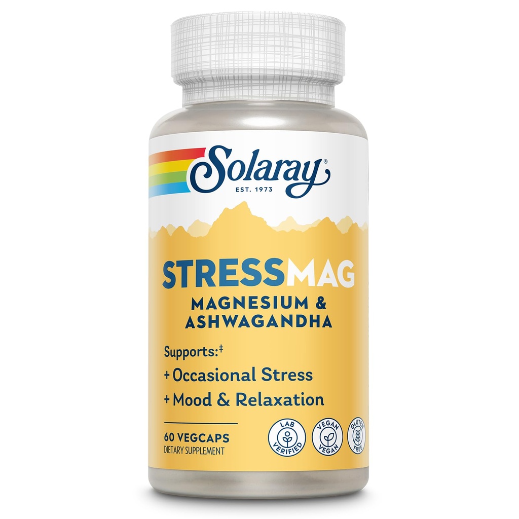 Solaray StressMag – Magnesium Glycinate Plus Ashwagandha for Women and Men - Relaxation, Mood & Occasional Stress Support – Magnesium Supplement with Bisglycinate – 30 Servings, 60 VegCaps