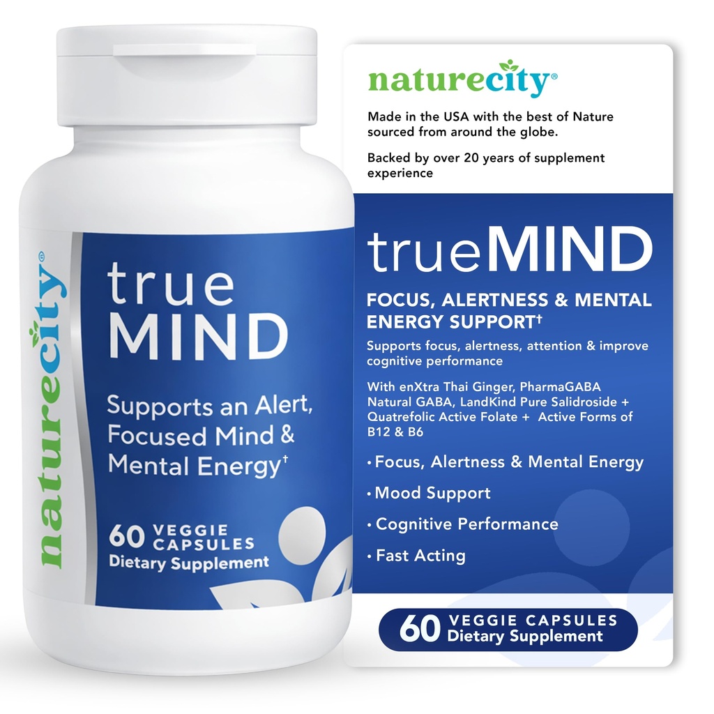 NatureCity True-Mind Focus, Alertness & Stress Support – Works up to 5 Hours - Caffeine-Free – Promotes Steady Daytime Energy. Mood & Productivity | 60 Veggie Capsules