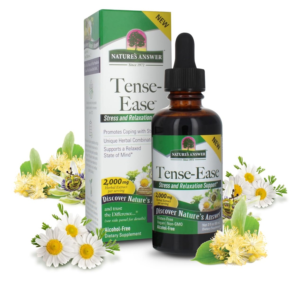Nature's Answer Tense-Ease with Ashwagandha 2000mg 2oz Extract | Mood Support | Alcohol & Gluten-Free, Non-GMO, Vegan | Single Count