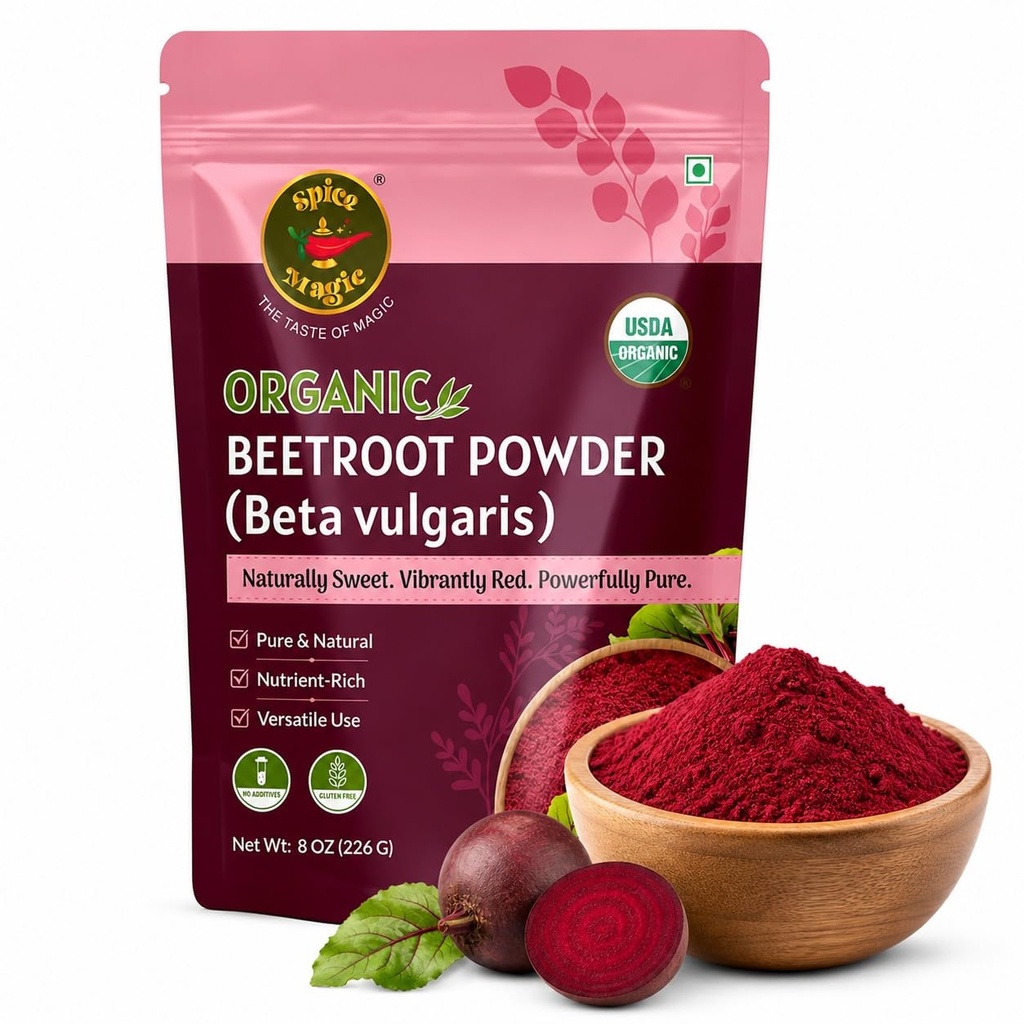 Spice Magic Organic Beet Root Powder 8 oz (226g) | Raw Beetroot Superfood, Natural Nitric Oxide | Pure, Non-GMO, Gluten Free, Water Soluble | Perfect for Smoothies, Baking & Juices