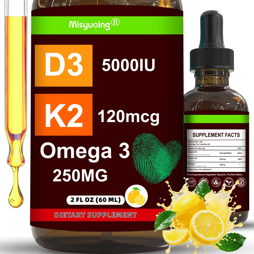 Vitamin D3 K2 Sugar-Free Drops,Vitamin D3 10000 IU with K2 200mcg,VitaminC,Calcium,Magnesium,Zinc,Support for Bones,Joints,Muscles,Nerves,and Immune System (60 ML, Lemon)