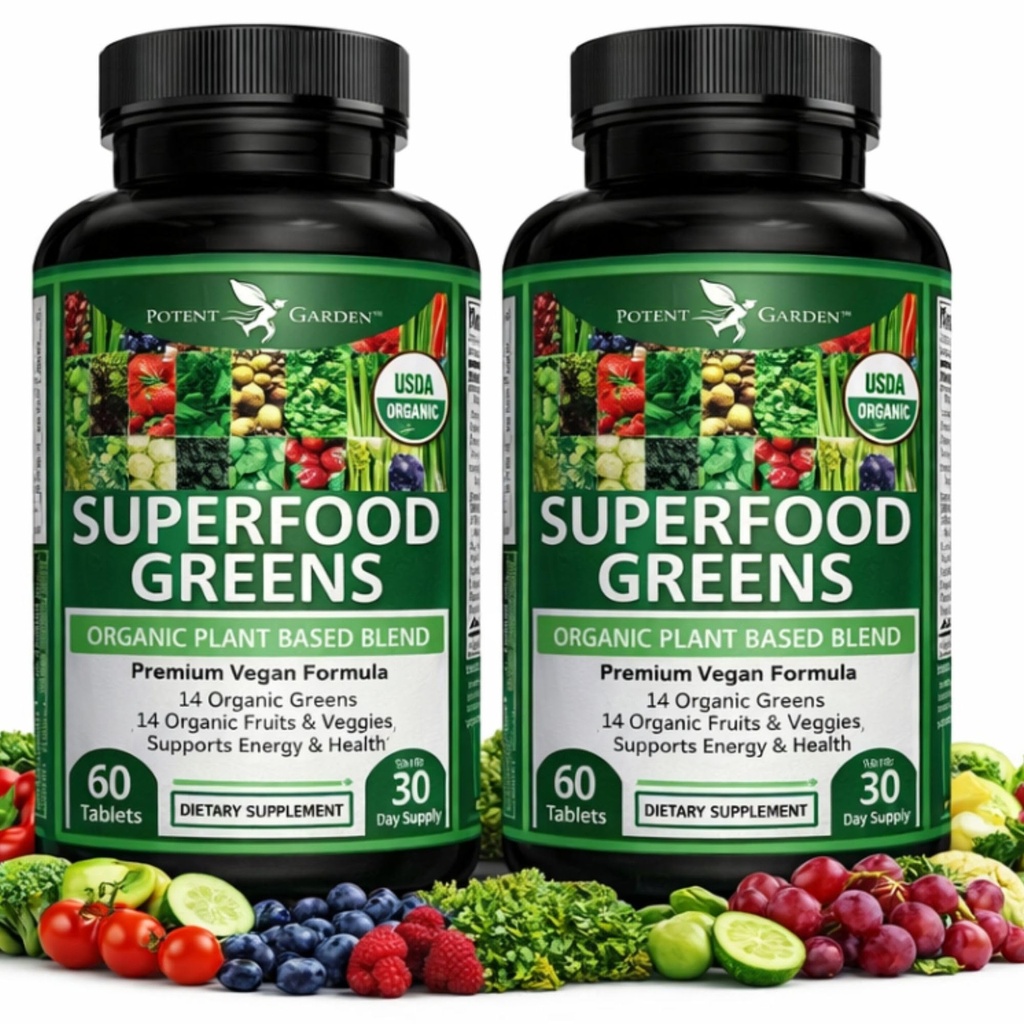 Potent Garden 2-Pack Organic Superfood Greens, Obst und Gemüse Supplement Reich an Vitaminen & Antioxidantien mit Alfalfa, Rübenwurzel & Sauerkirsche zur Steigerung von Energie, Immunität & Darmgesundheit, 120 Ct