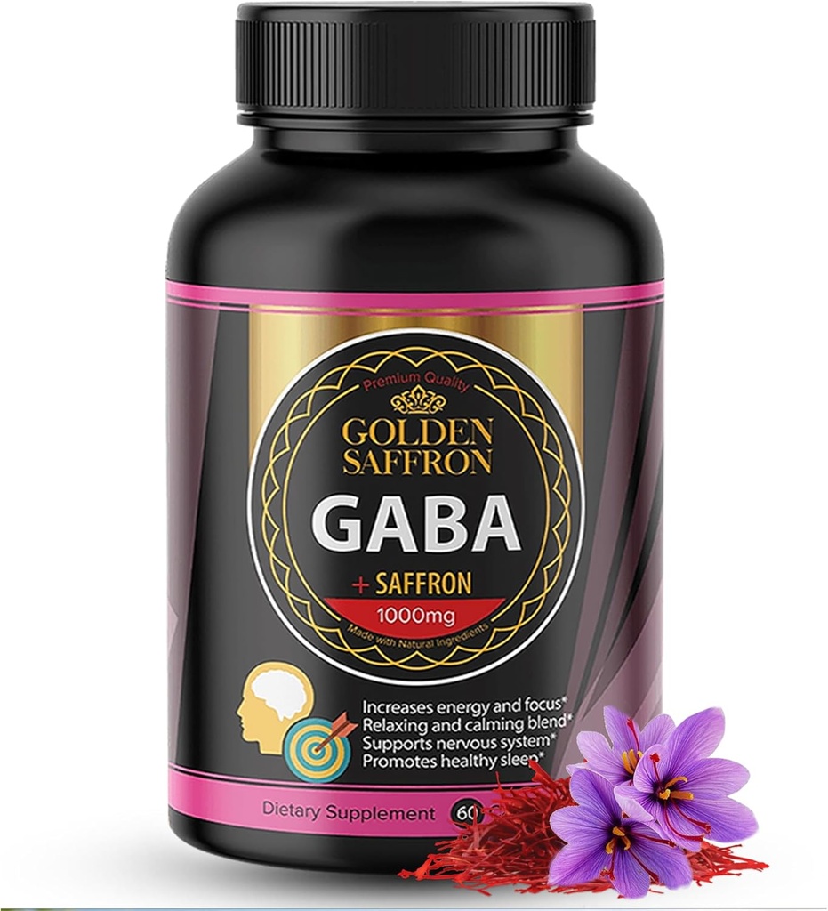 GOLDEN SAFFRON - GABA + Saffron-Extrakt-Ergänzung - Einzigartige und leistungsstarke Non-GMO-Ergänzung für die Förderung von Entspannung, Ruheschlaf und Stimmungsunterstützung - Made in USA with No Added Sugar