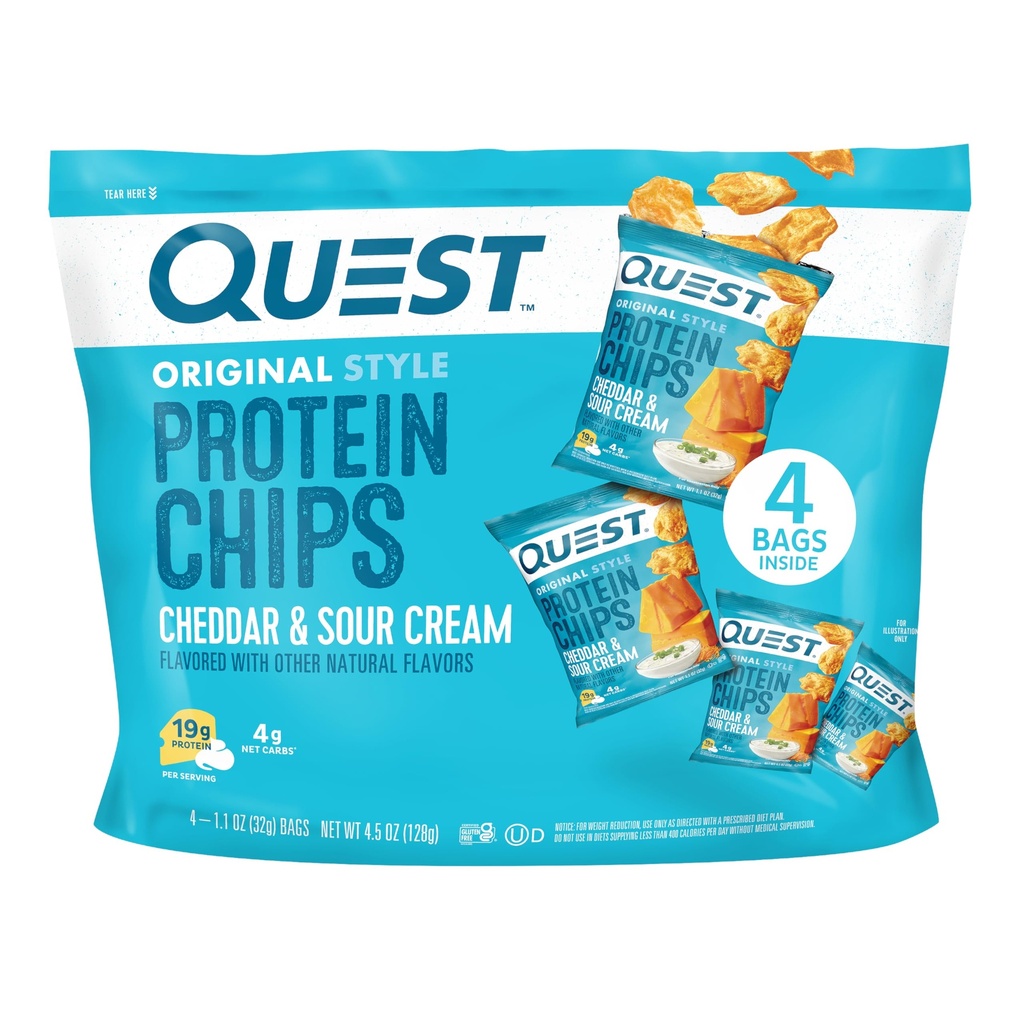 Quest Nutrition Cheddar & Sour Cream Protein Chips, 19g Protein, 4g Net Carbs, Low Carb, Gluten Free, 1.1 oz, 4 count