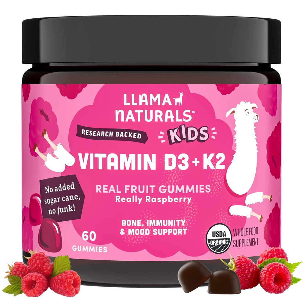 Llama Naturals Kids Vitamin D3 K2 Gummies, Vegan, Organic, Children Toddler Vitamin D Gummies, Real Fruit Gummy Vitamins, No Added Sugar Cane, Raspberry, 60 Ct