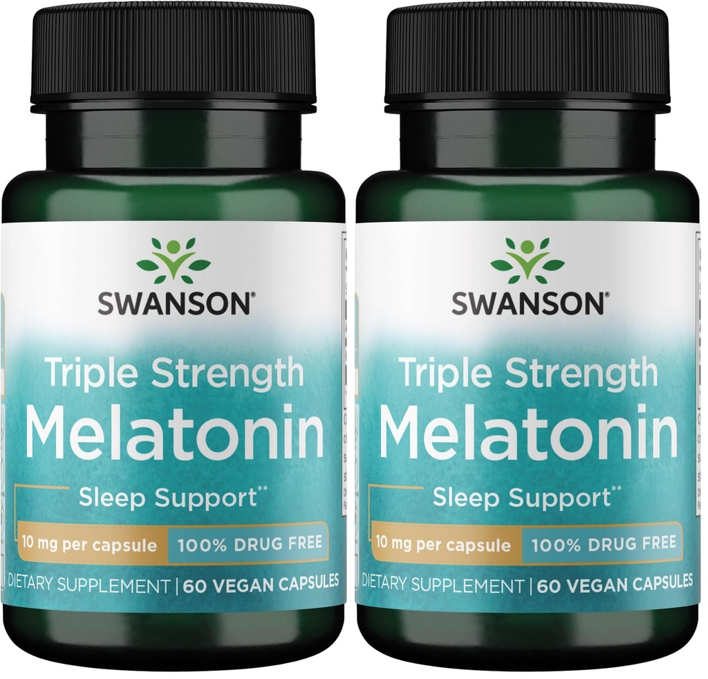 Swanson Triple Strength Melatonin - Natural Sleep Support for Disrupted Sleep Cycles - (60 Capsules, 10mg Each) (Pack of 2)