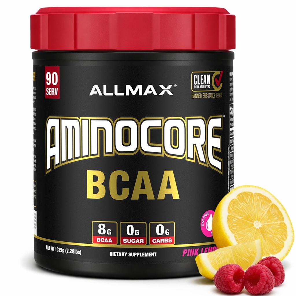 ALLMAX Nutrition AMINOCORE BCAA, Lémonade rose - 945 g Poudre - 8.18 Grams d'acides amin à chaîne ramifiée par portion - avec des vitamines B - Pas de remplissage ou non BCAA Aminos - Sans sucre - 90 portions