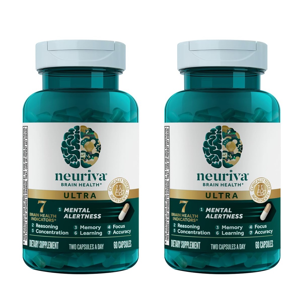 NEURIVA Ultra Brain Supplemento per l'Alertness Mentale, Memoria, Focus & Concentrazione con Cognivive clinicamente testato, Neurofactor, Phosphatidylserine, Vitamine B6 & B12, 60 Count Capsule (2 Pack)