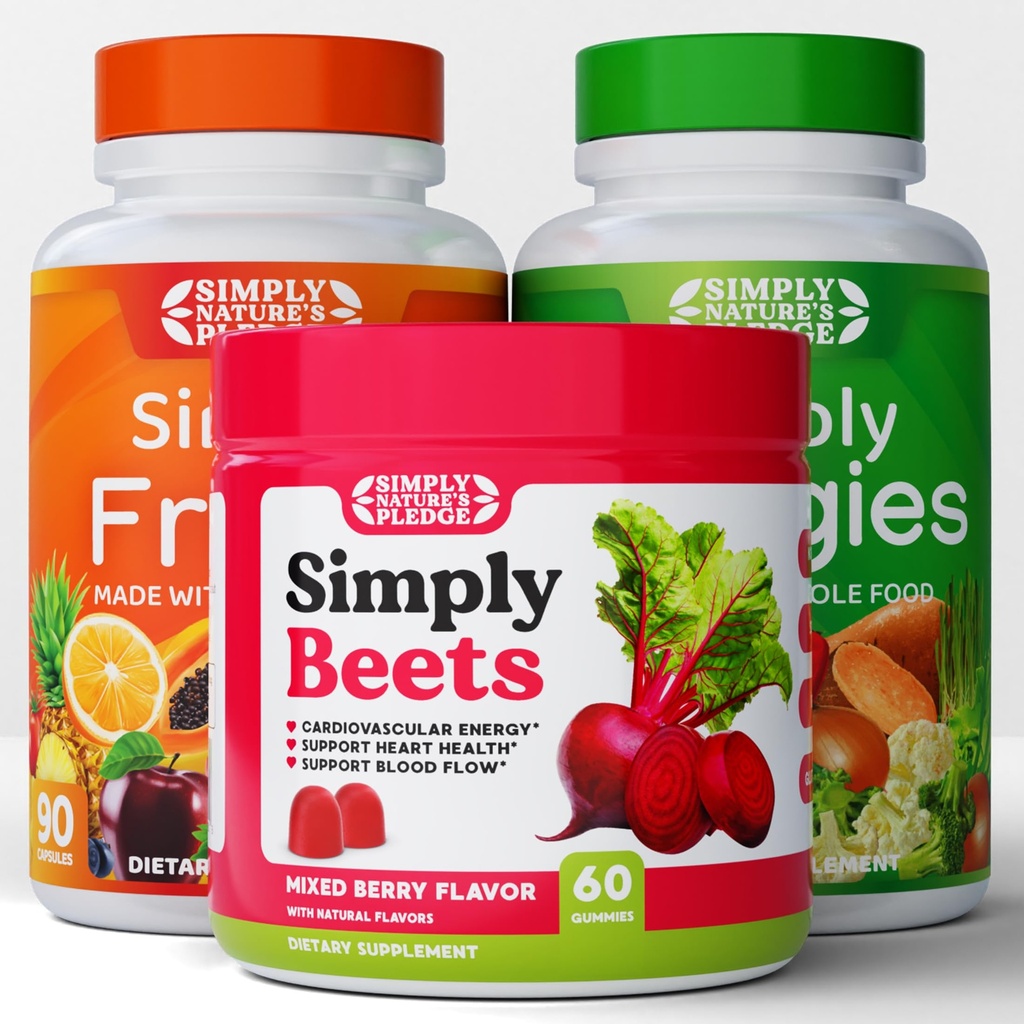 Semplicemente Naturale's Pledge - Integratori di frutta e verdura - 90 Veggie e 90 capsule di frutta - Beets Gummy - 60 Conte -Combo - 30 giorni di alimentazione di ogni