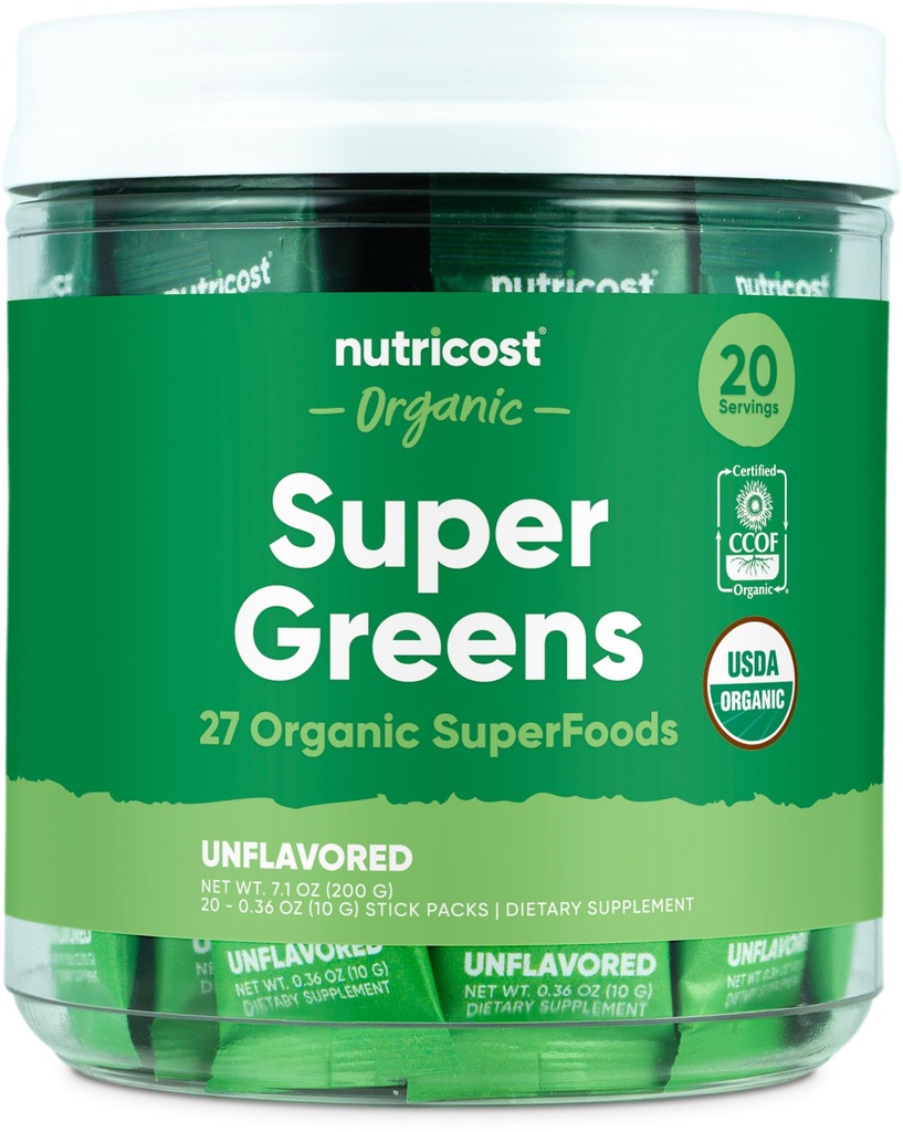Nutricost Organic Super Greens (Unflavored) 20 Stickpacks - Glutenfrei, Non-GMO