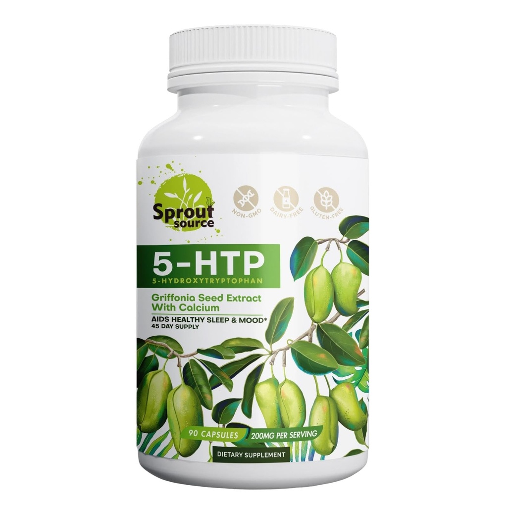 Supplément 5-HTP 200mg, soutient un sommeil et une humeur sains avec du calcium – non-OGM, sans gluten – 90 capsules
