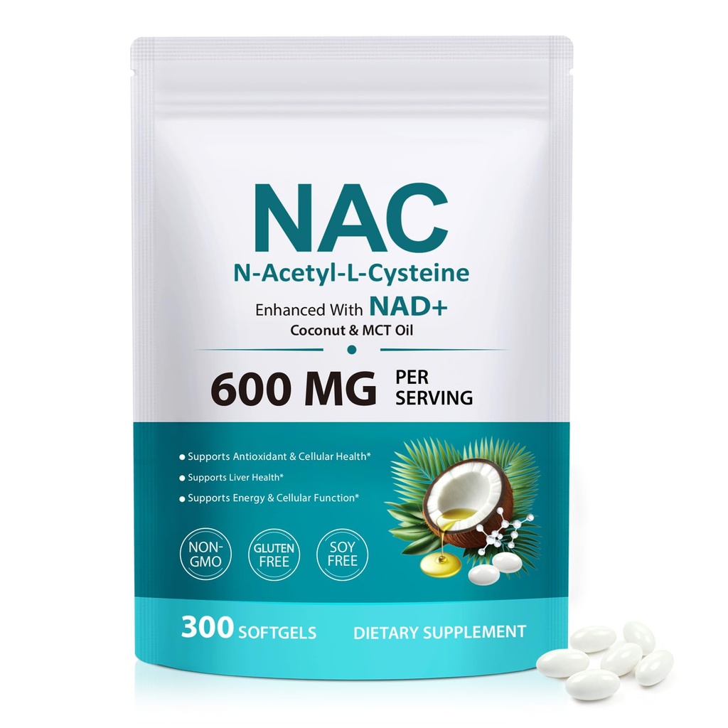 NAC Supplement 600mg, 300 Softgels NAC with NAD+ & MCT Oil N-Acetyl Cysteine Supplement with Coconut Oil Vegetarian Capsules for Antioxidant Supports Liver & Energy Non-GMO Gluten Free