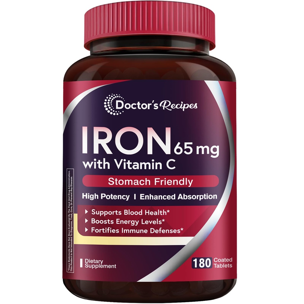 Doctor's Recipes Iron Supplement 65 mg with Vitamin C - Maximized Absorption & Stomach Friendly Iron Pills for Red Blood Cells Formation, Heart, Brain & Immunity Health - Vegan Non-GMO 180 Iron Tabs