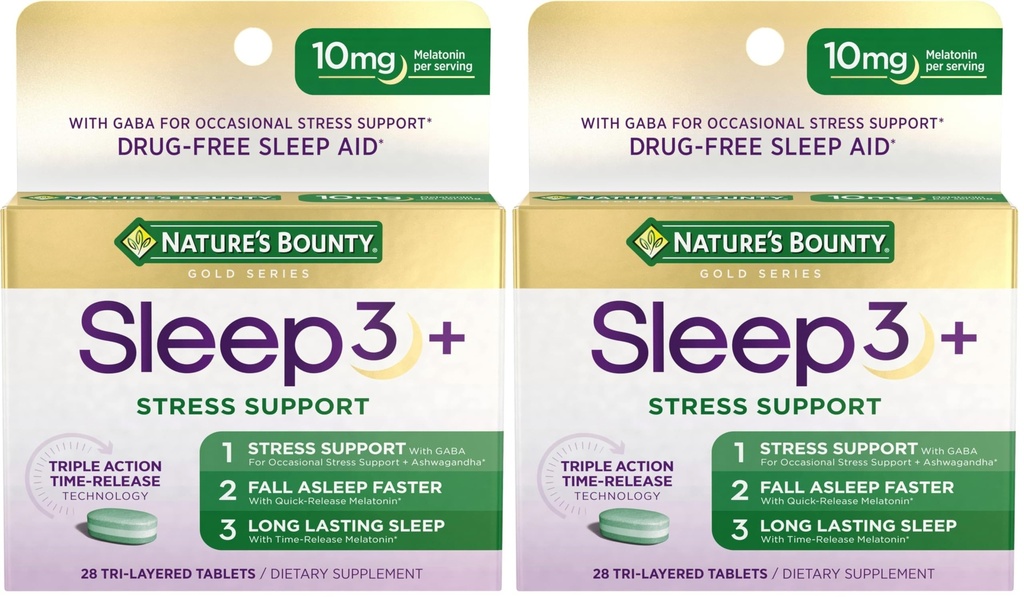 Nature's Bounty Sleep + Stress Support, Sleep3 Maximum Strength 100% Drug Free Sleep Aid, Dietary Supplement with Ashwagandha, Time Release Technology, 10mg, 28 Tri-Layered Tablets (Pack of 2)