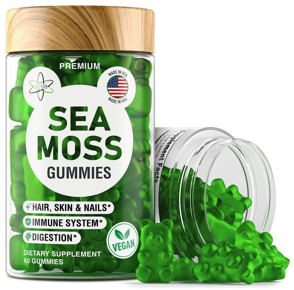 BioVit Sea Moss Gummies - Wildcrafted Irish Sea Moss for Adults & Kids - Gel Seamoss con estratto di radice di vescica & Burdock - 60 Vegan Gummies