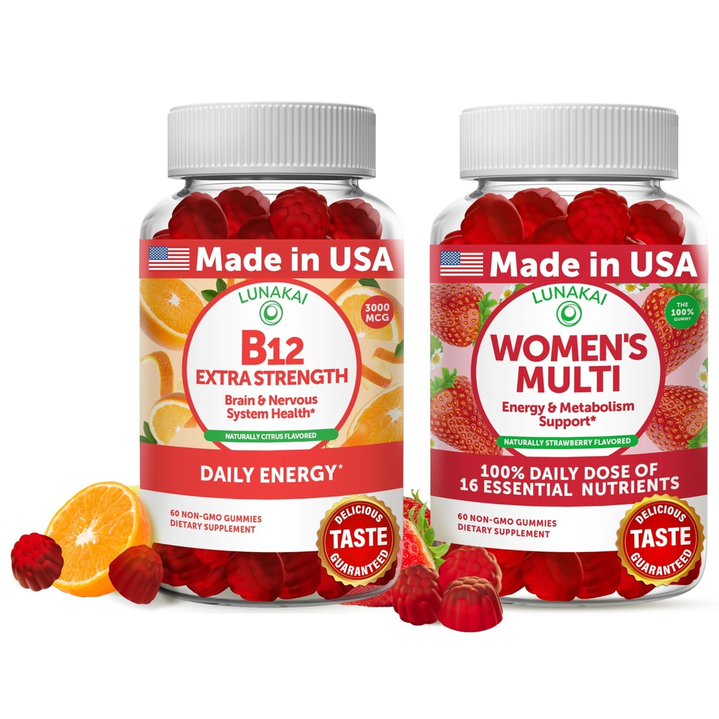 Lunakai Vitamina B12 e Multivitamina Gummies Bundle - 3000mcg Methylcobalamin Gomma ad alta assorbimento dell'energia - 100% Valore giornaliero di 16 vitamine e minerali essenziali Supplemento - 30 giorni di alimentazione