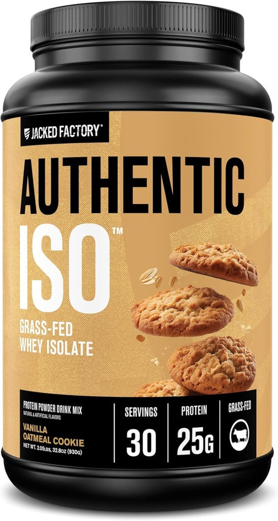 Jacked Factory Authentic ISO Grass Fed Whey Protein Isolate Powder - Low Carb, Non-GMO Muscle Building Protein w/No Fillers, Post Workout Recovery, Vanilla Oatmeal Cookie